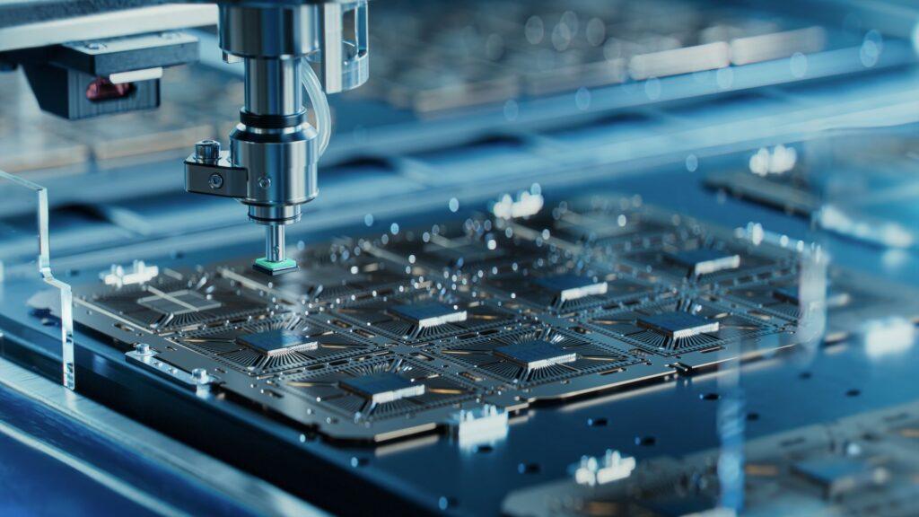 Siliziumdüsen werden mit einer Pick-and-Place-Maschine in einer Halbleiterfabrik auf dem Substrat befestigt. Herstellung von Computerchips in einer Fabrik. Verpackungsprozess.