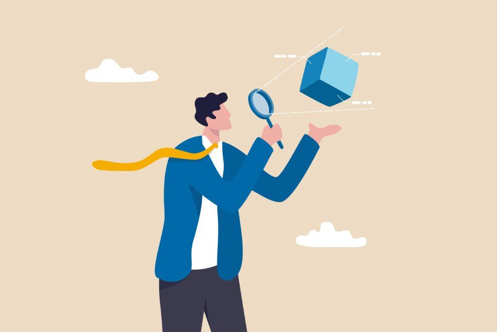 Eine Illustration eines Geschäftsmanns, der mit einer Lupe ein schwebendes, dreidimensionales Dokument inspiziert, die die Effizienz und Genauigkeit der digitalen Dokumentenverwaltung mit DocuWare symbolisiert