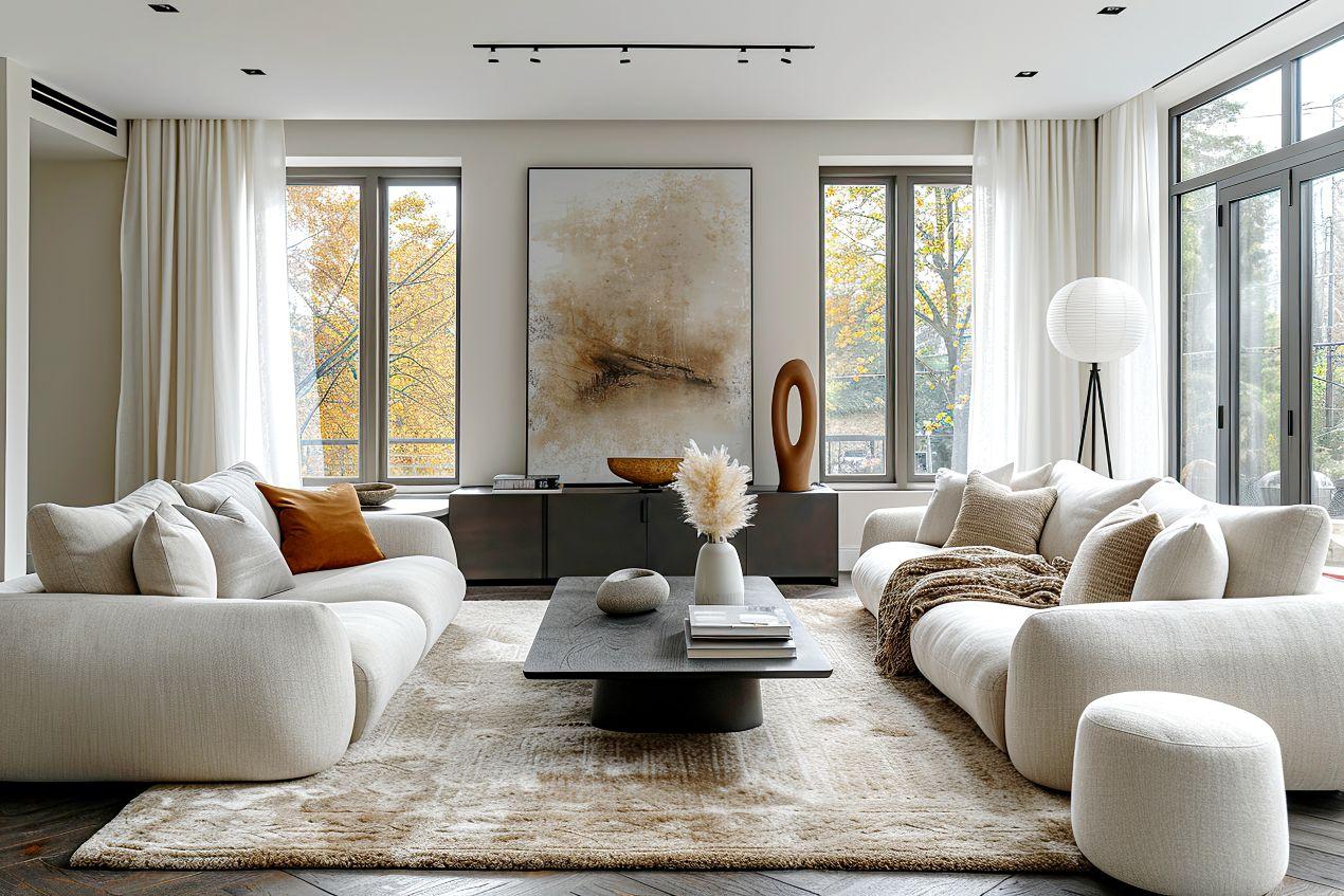 Helles, modernes Wohnzimmer mit einem dunklen Sideboard, bequemen Sofas in Naturtönen und stimmiger Dekoration für ein warmes, einladendes Ambiente.