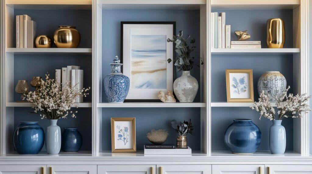 Elegantes weißes Regal mit integriertem Sideboard, dekoriert mit blauen Vasen, goldenen Elementen und kunstvollen Accessoires für ein harmonisches Wohnambiente.