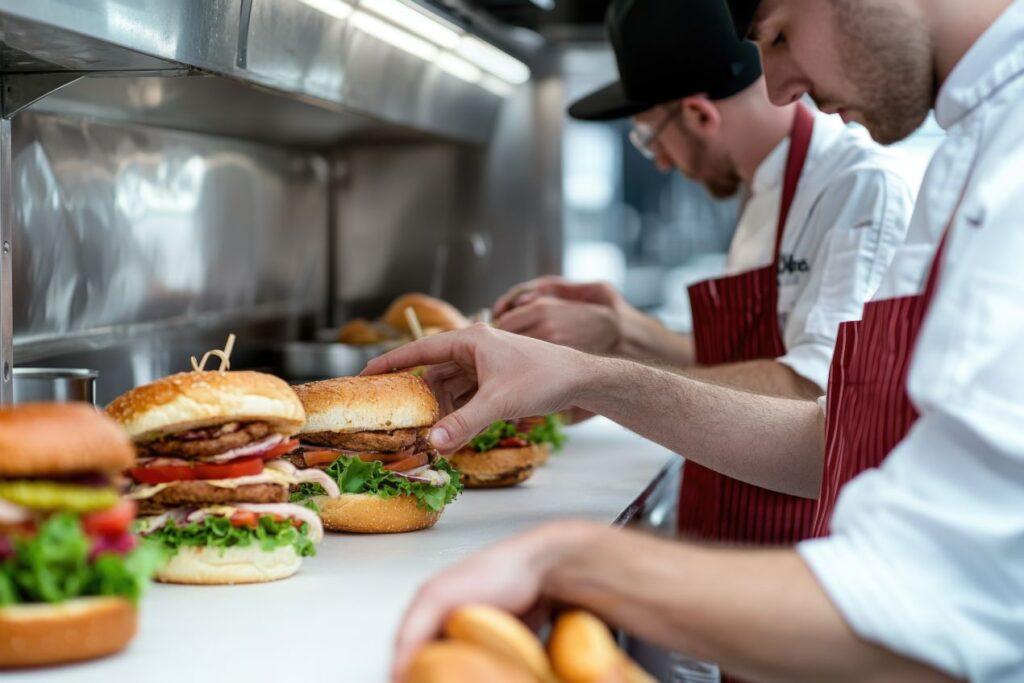 Mitarbeiter bereiten Burger in strukturierter Linie zu, unterstuetzt durch Technik wie eine Hochdruckfritteuse
