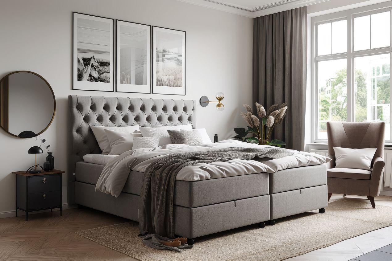 Elegantes graues Boxspringbett mit hoher Kopfstuetze in wohnlichem Schlafzimmer – Empfehlung zum Boxspringbett kaufen