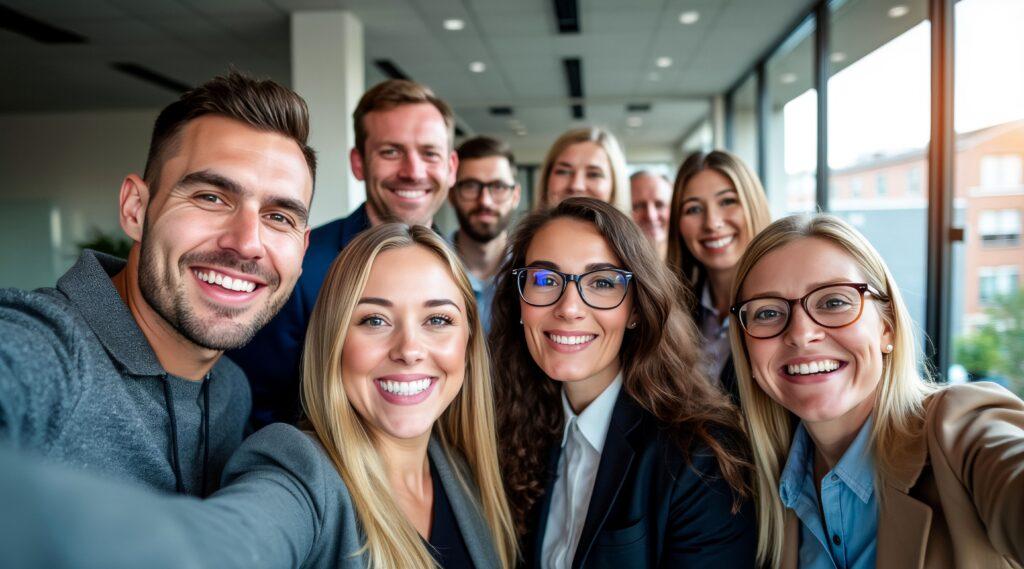 Lächelndes Team in moderner Büroumgebung – Symbolbild für erfolgreiche Zusammenarbeit und mentale Gesundheit durch EAP Anbieter Deutschland
