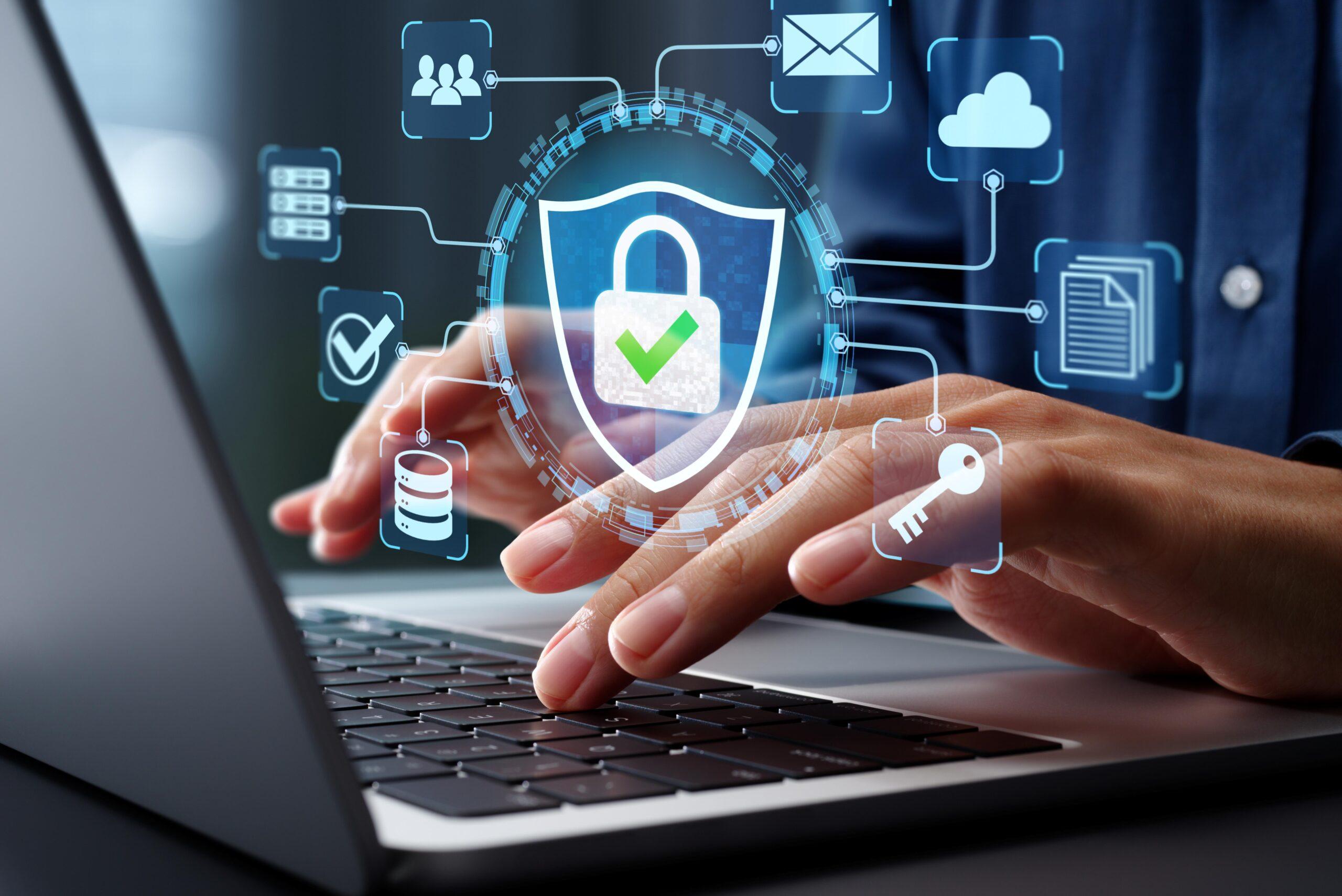 Sichere Datenschutz- und Netzsicherheitssysteme. VPN-Verbindungen und Zero-Trust-Sicherheit. Mann benutzt einen Laptop mit einer verschlüsselten Datensicherheit.