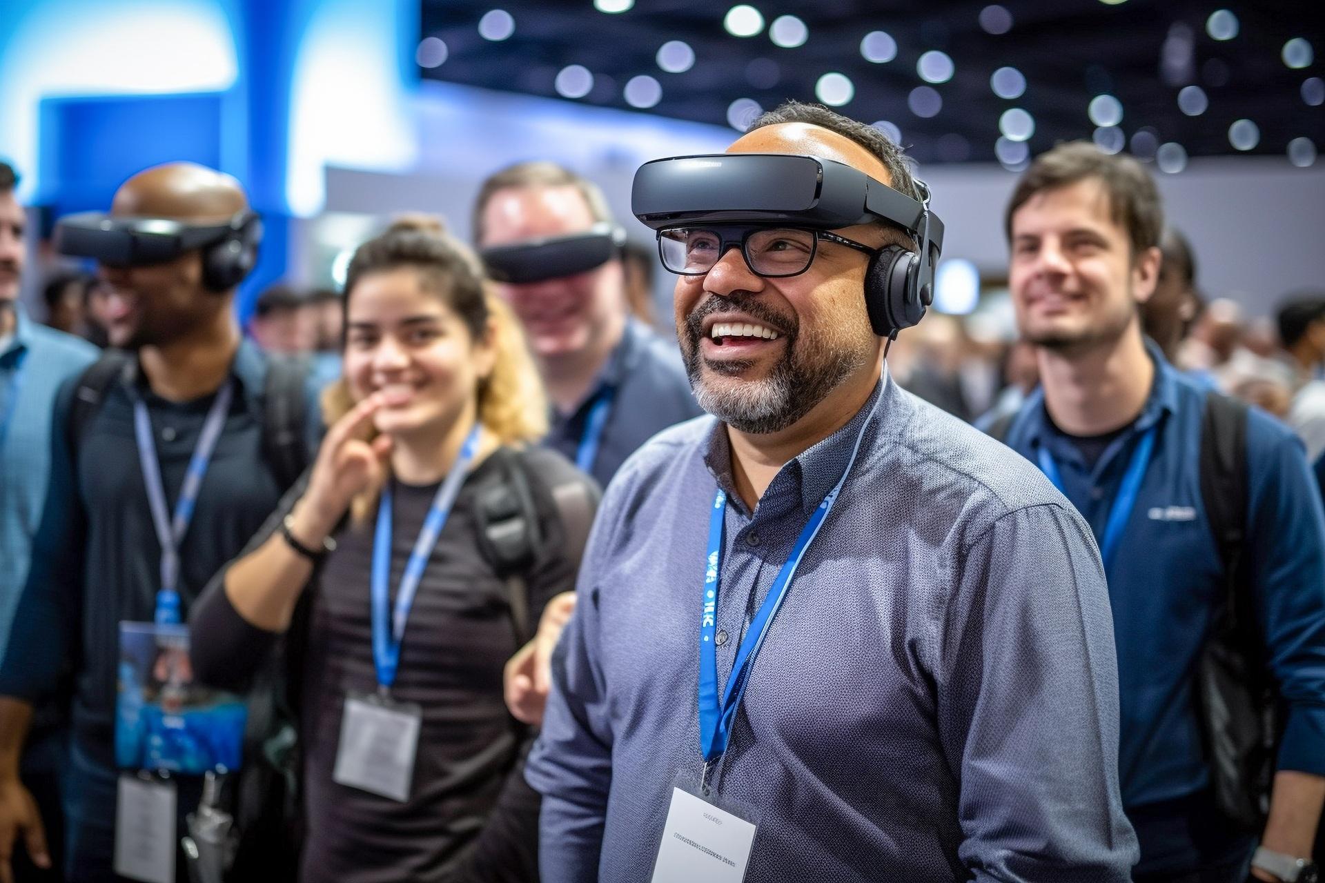 Messebesucher mit VR-Brille am Technikstand | Messewand faltbar 