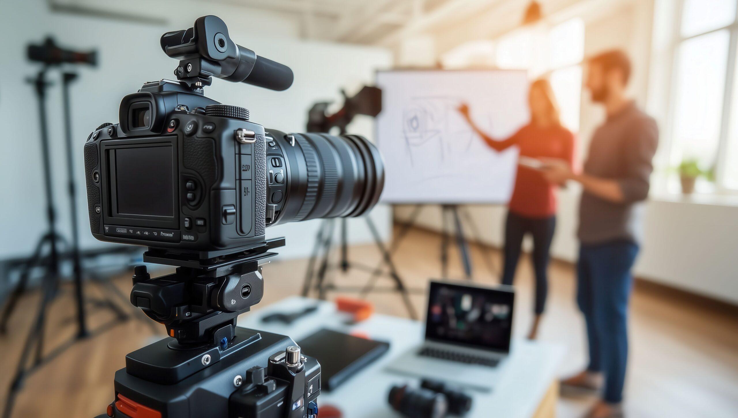 Professionelles Livestream-Setup mit Kamera, Technik und Team bei der Veranstaltungsplanung im Büro