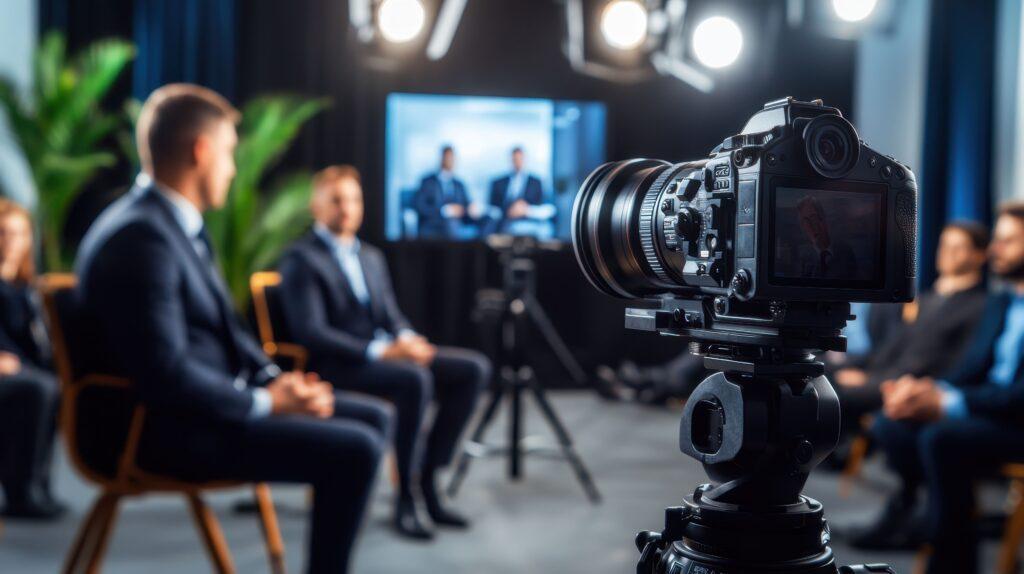 Livestream Anbieter: Business-Event im Livestream-Setup mit professioneller Kamera und Studiolicht