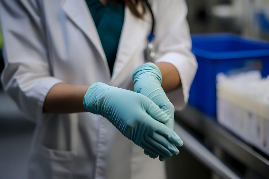 Reinraumreinigung: Person in Schutzkleidung zieht sterile Handschuhe für kontrollierte Umgebung an