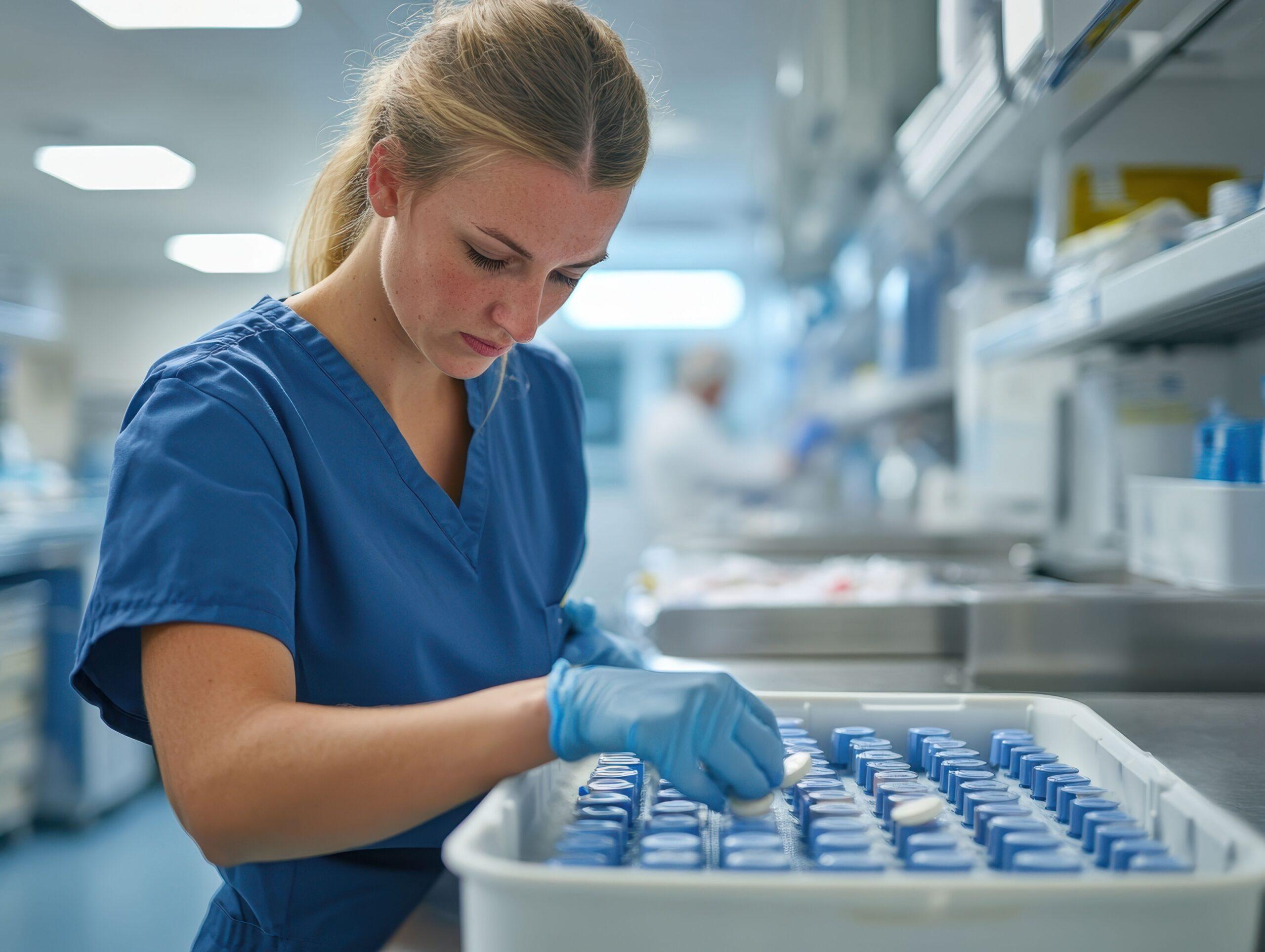 Mitarbeiterin prüft Laborproben unter Reinraumbedingungen