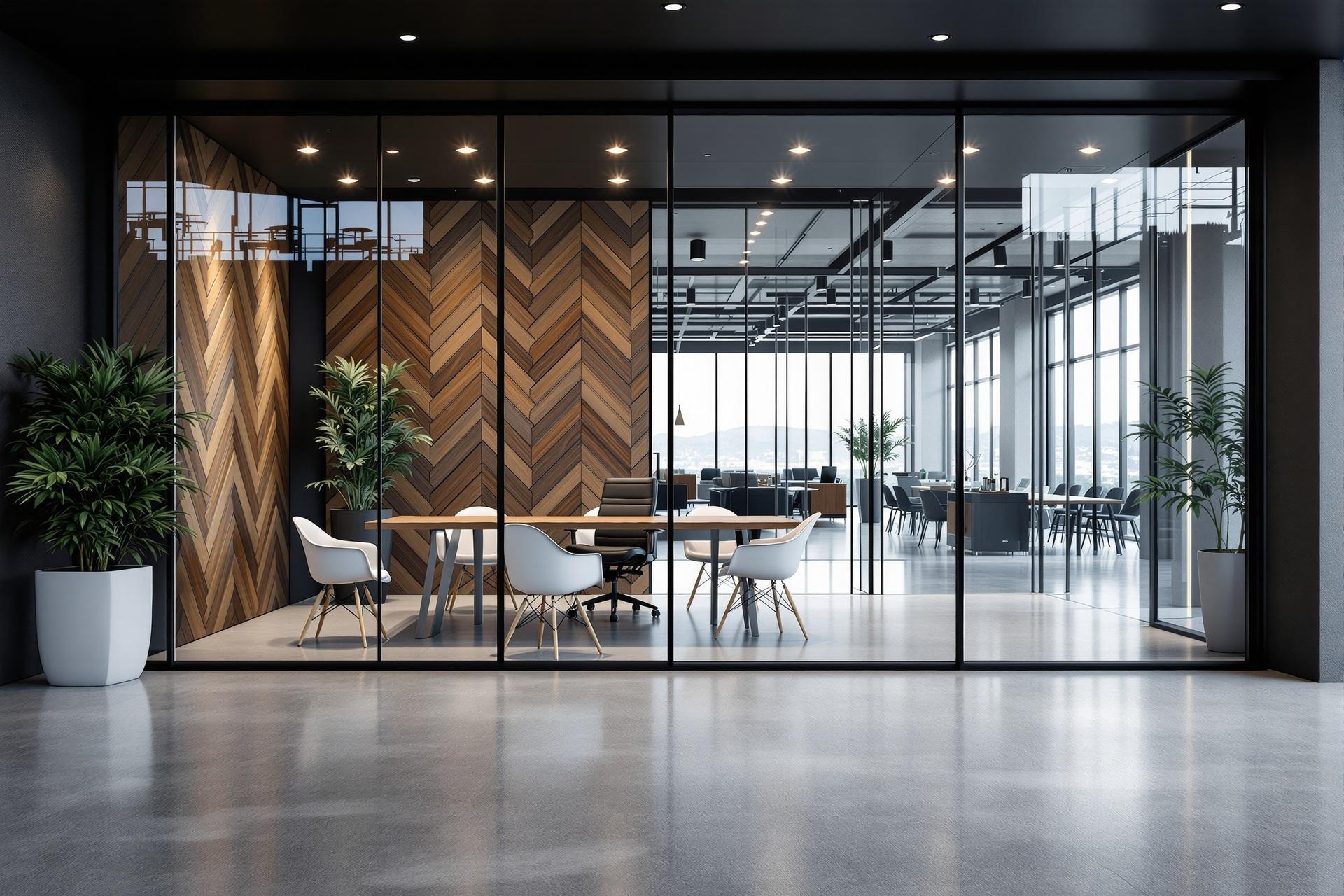 Konferenzraum mit Holzstruktur und Glasfront | Steinwand

