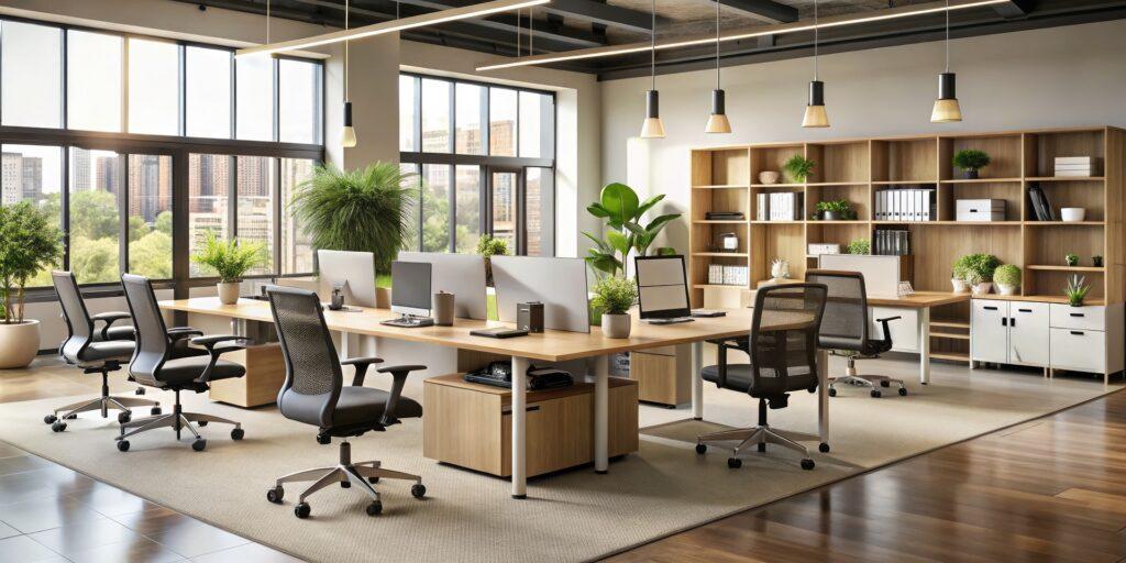 Offenes Büro mit Holzregalen und Begrünung | Steinwand