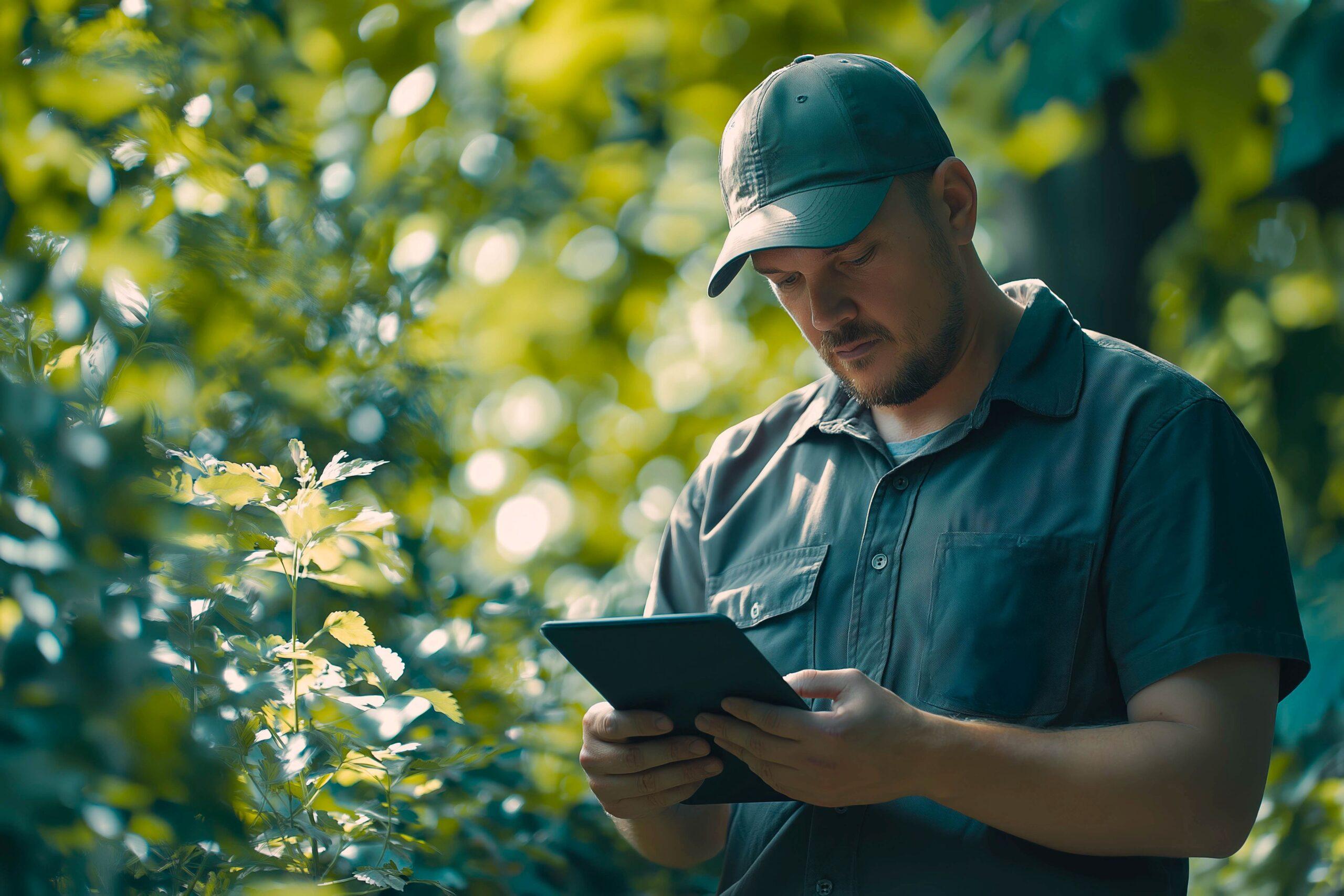 Gartenbau-Fachkraft mit Tablet im Grünen – Symbolbild für digitalen Kundenservice im Gartenbau Wiesloch