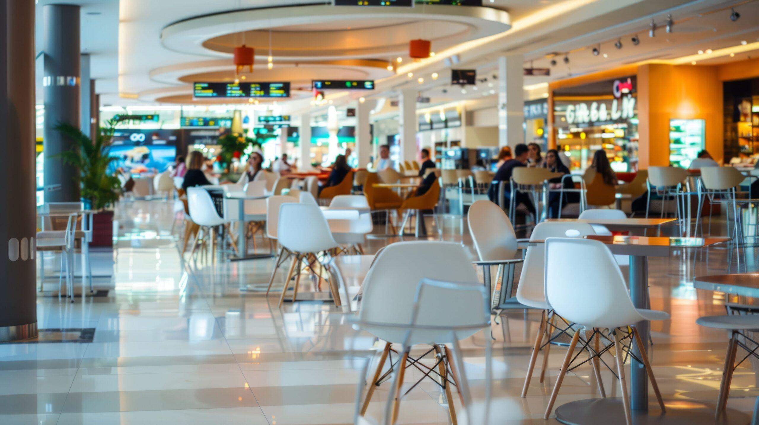 Ein geschäftiger Flughafen-Terminal mit vielen Menschen und Stühlen