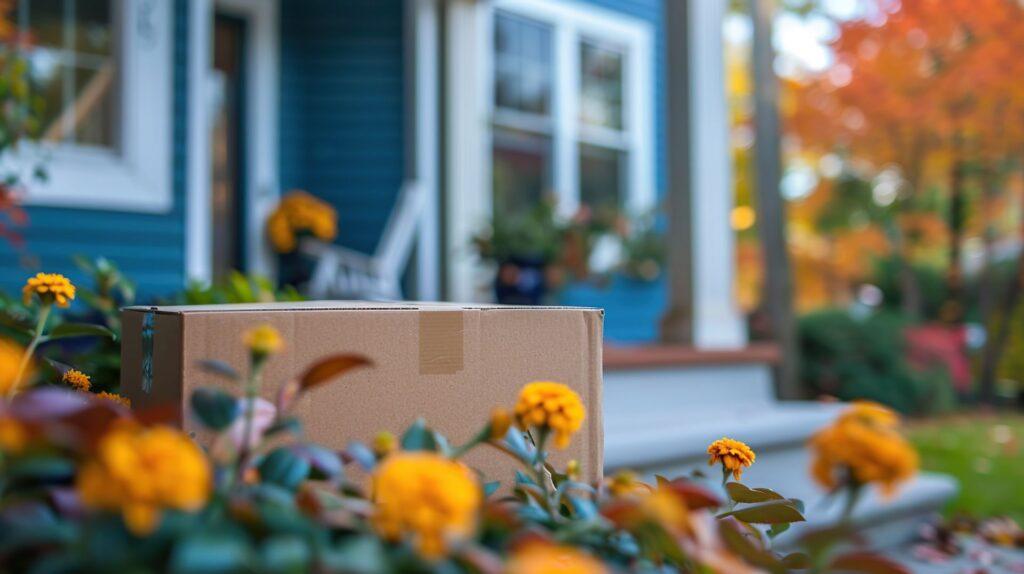 Kartonpaket steht vor der Haustür zwischen Blumen, Risiko für Diebstahl ohne sicheren Paketkasten