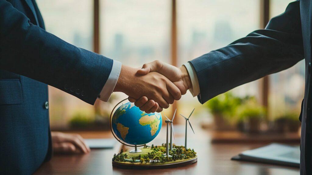 Handschlag zweier Geschäftsleute mit Globus und Windrädern | Wärmepumpe Leipzig